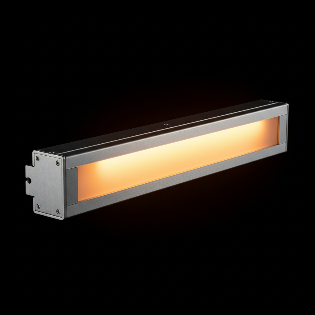 Linear LED wash light fixture with sleek brushed steel body and frosted glass diffuser